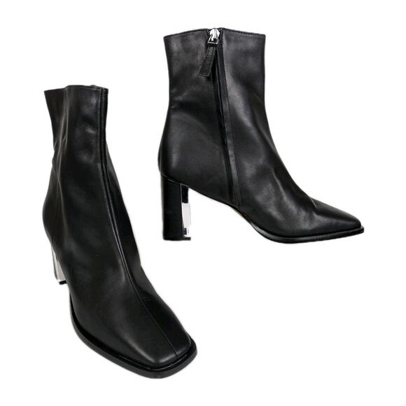 LINEA PAOLO Black Leather Valentin Heeled Ankle Bootie Square Toe Women's 9.5 - Picture 1 of 8